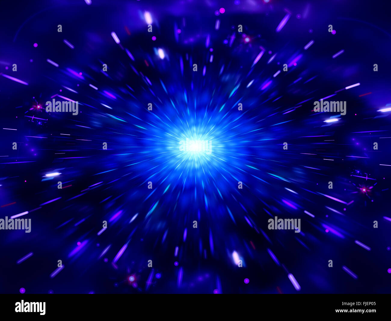 Blue glowing exploding in deep space with particles fractal, computer ...