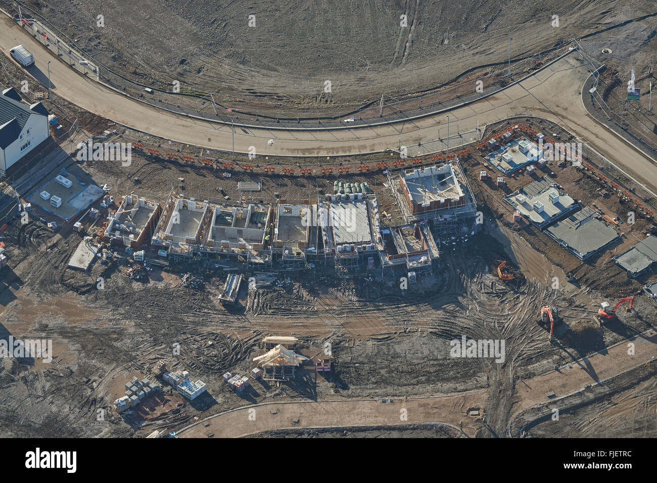 An aerial view of a new housing development under construction on an ...