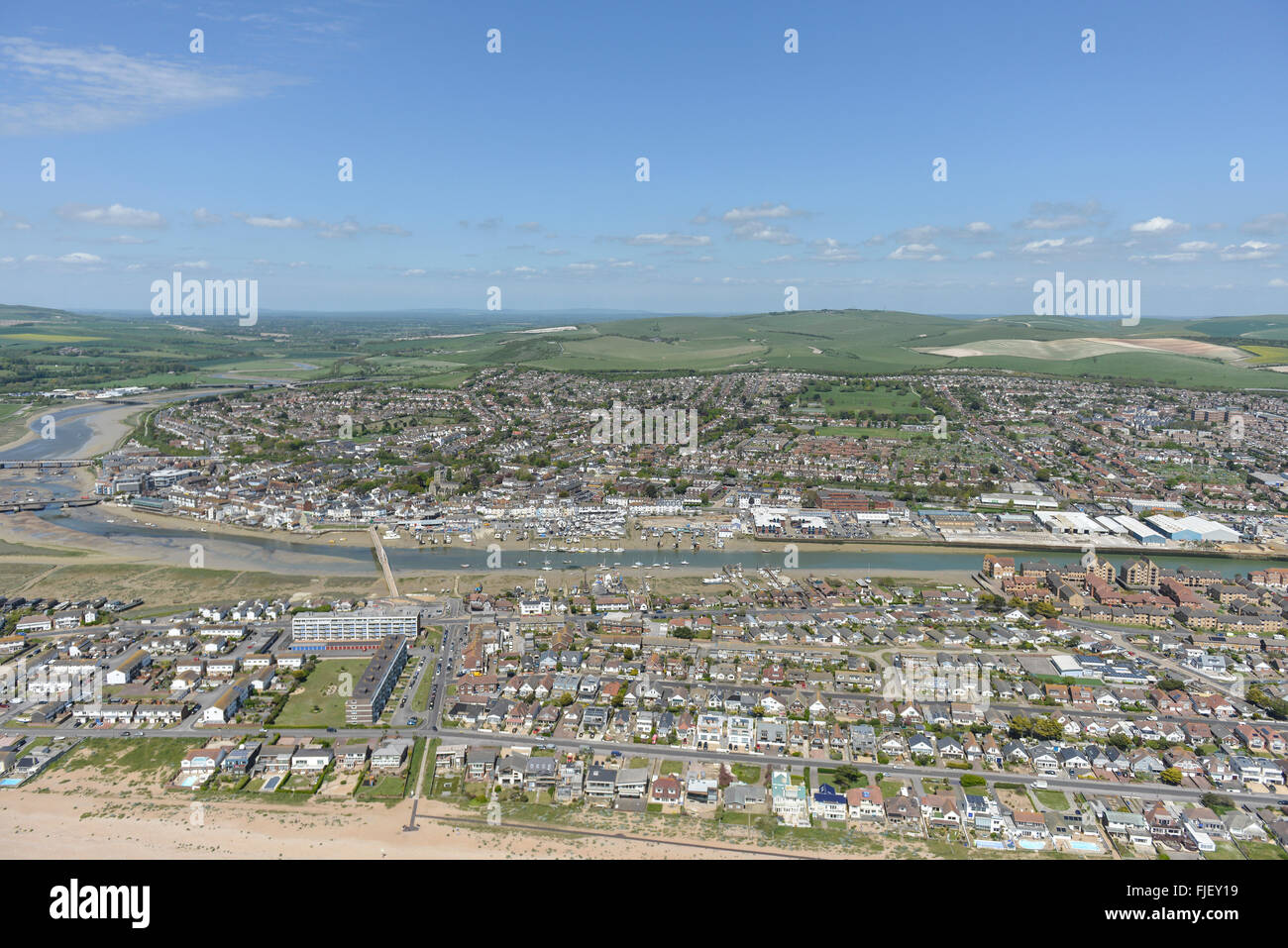 An aerial view of the West Sussex coastal town of Shoreham-by-Sea on a sunny dau Stock Photo