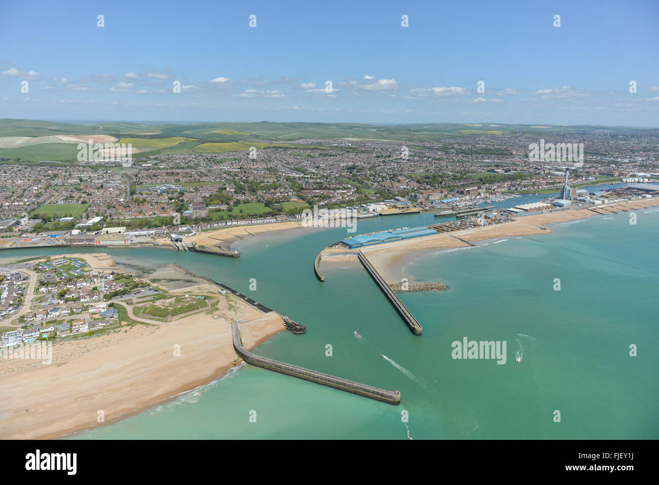 An aerial view of the West Sussex coastal town of ShorehambySea on a