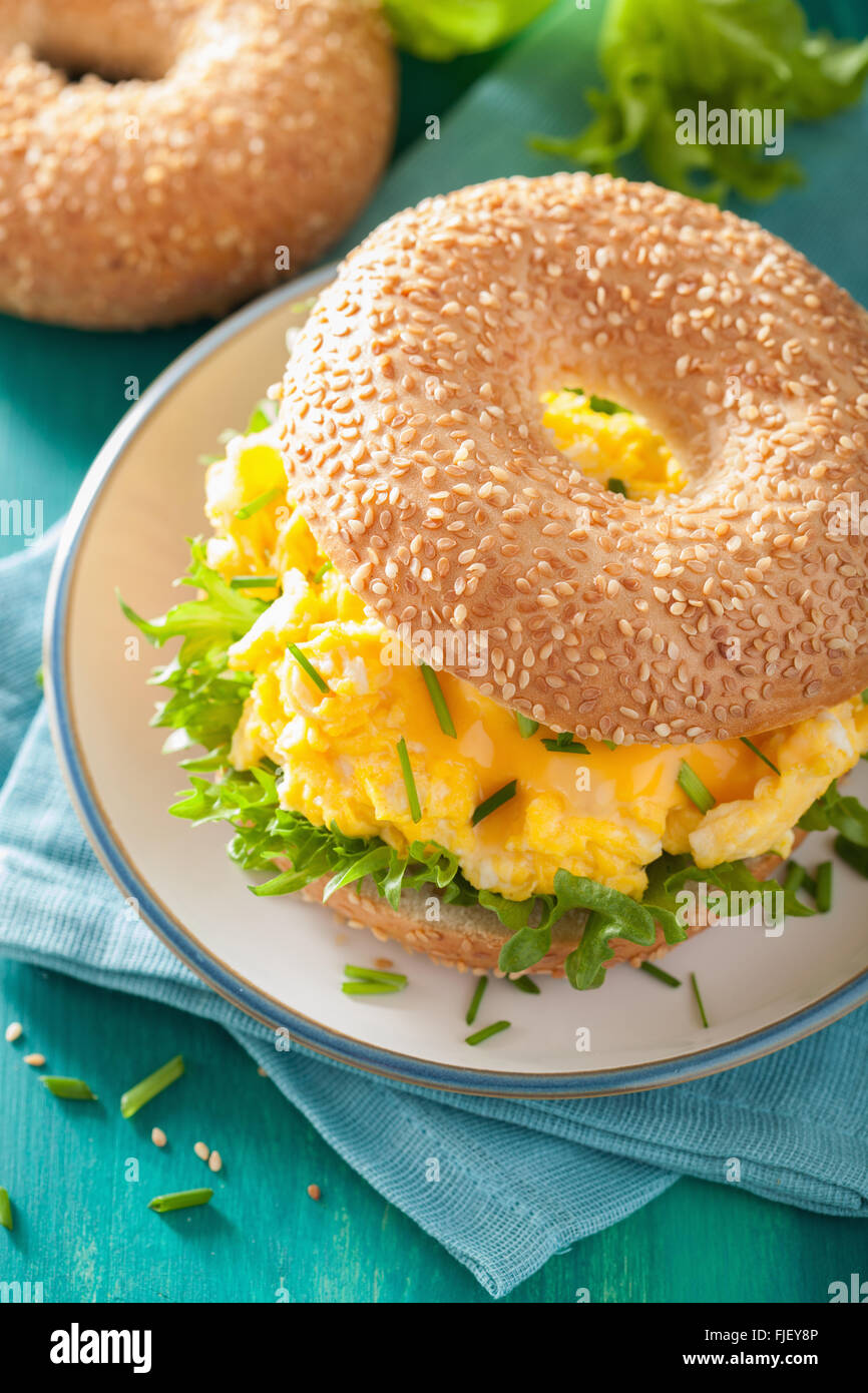 breakfast sandwich on bagel with egg cheese lettuce Stock Photo Alamy