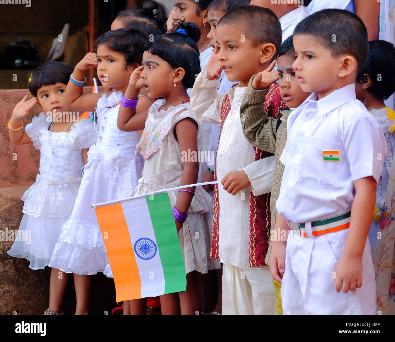 Indian schoolchildren at a ceremony to commemorate India's independence in the town of Gokarna Stock Photo