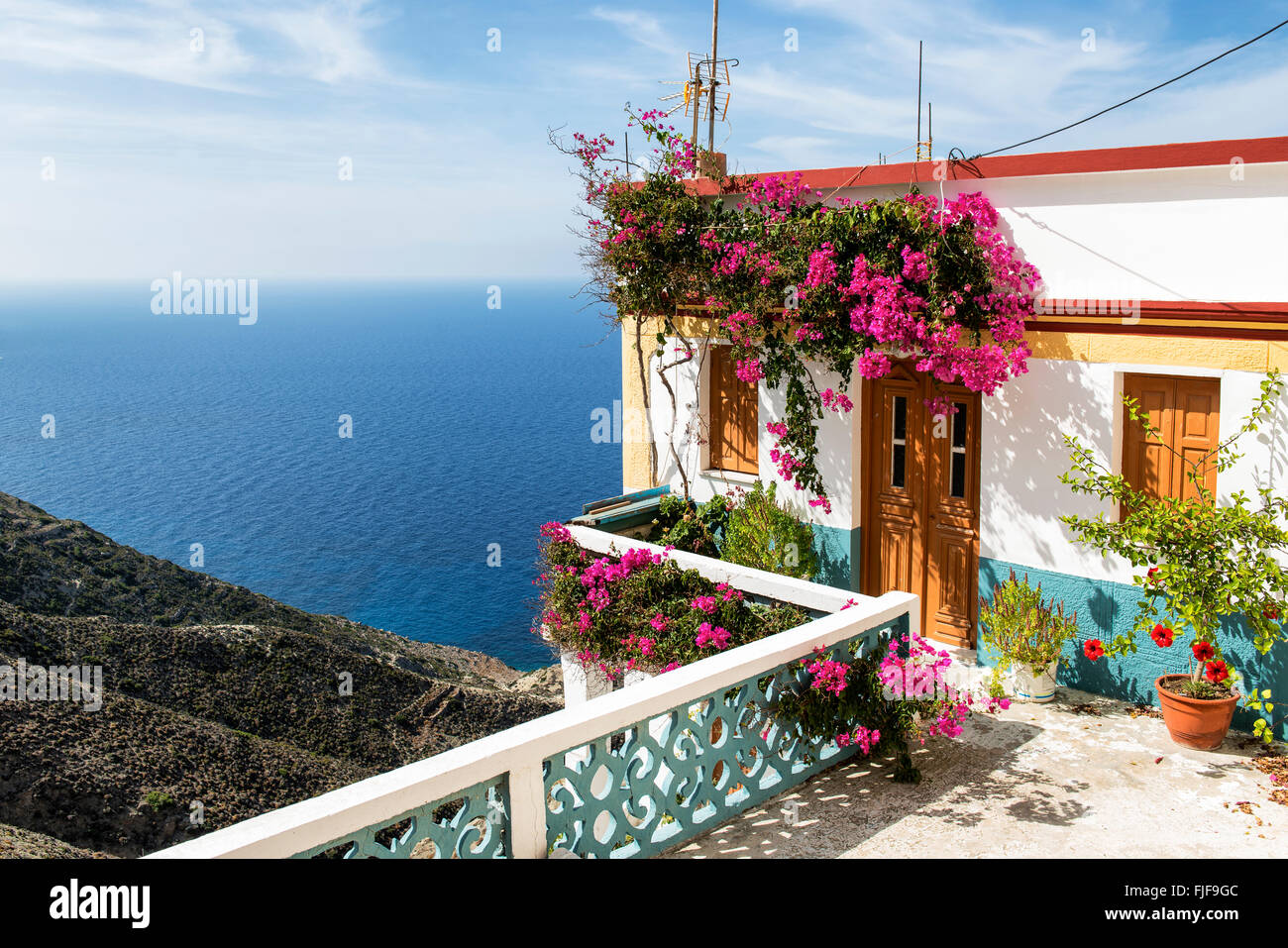 Beautiful House on the cliff in Olympos, Karpathos island, Greece Stock Photo