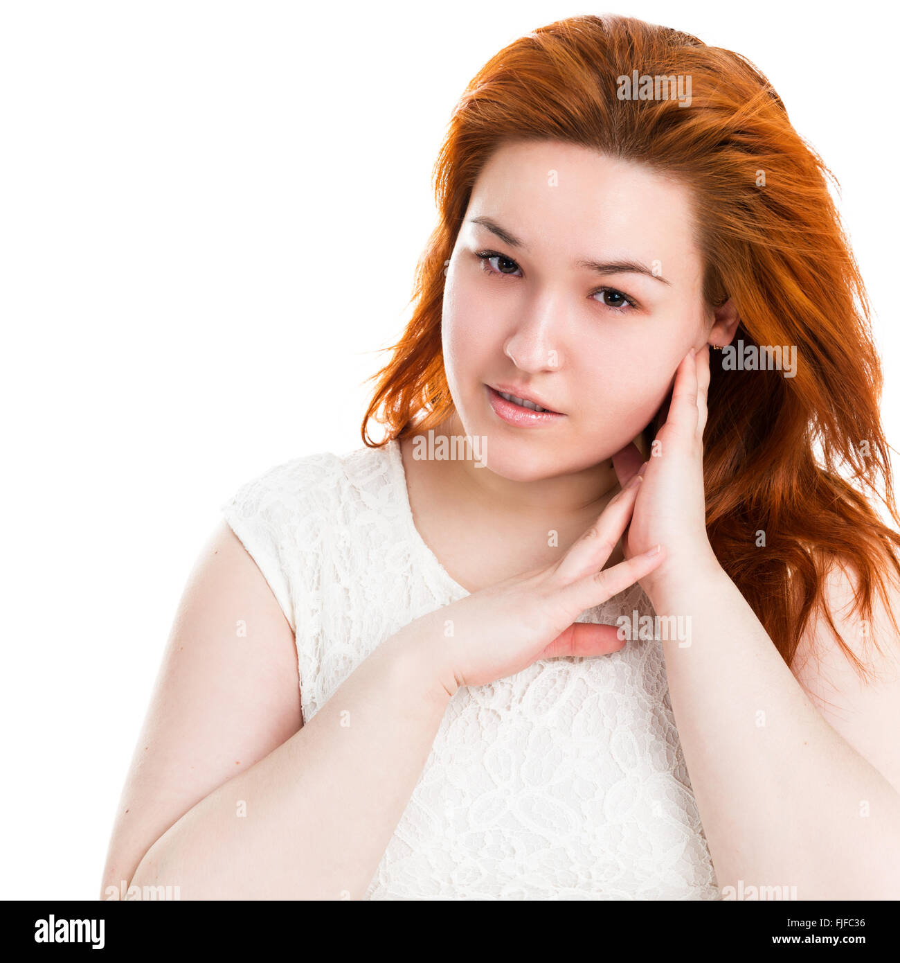 Portrait of a beautiful young woman on a white background Stock Photo ...