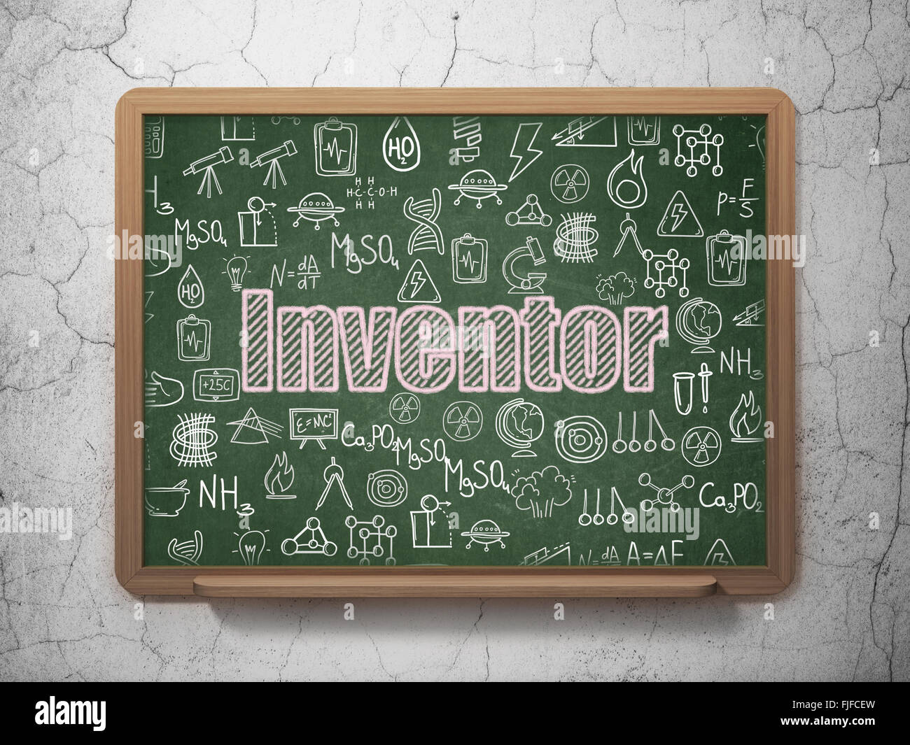 Science concept: Inventor on School Board background Stock Photo - Alamy