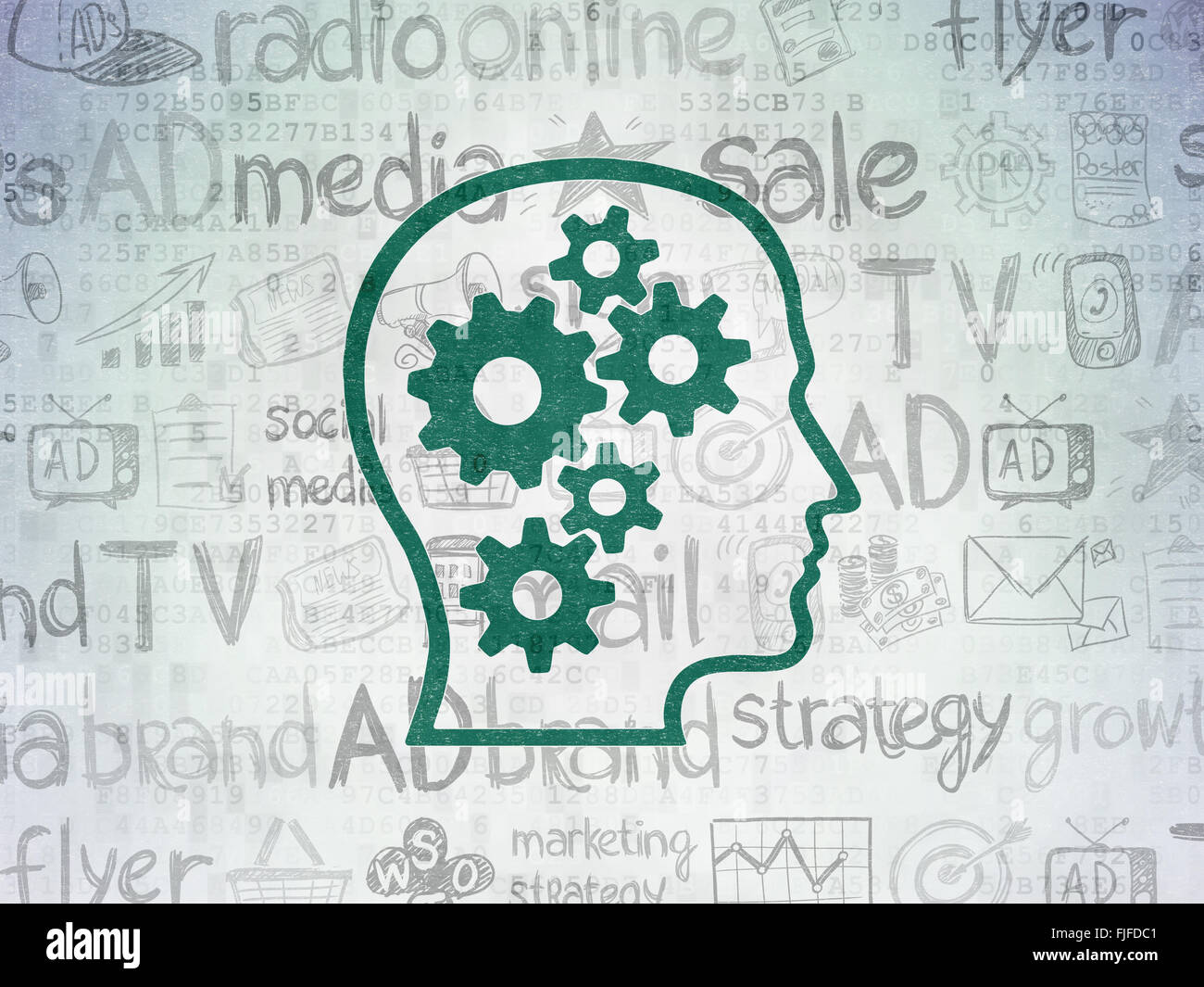 Marketing concept: Head With Gears on Digital Paper background Stock ...