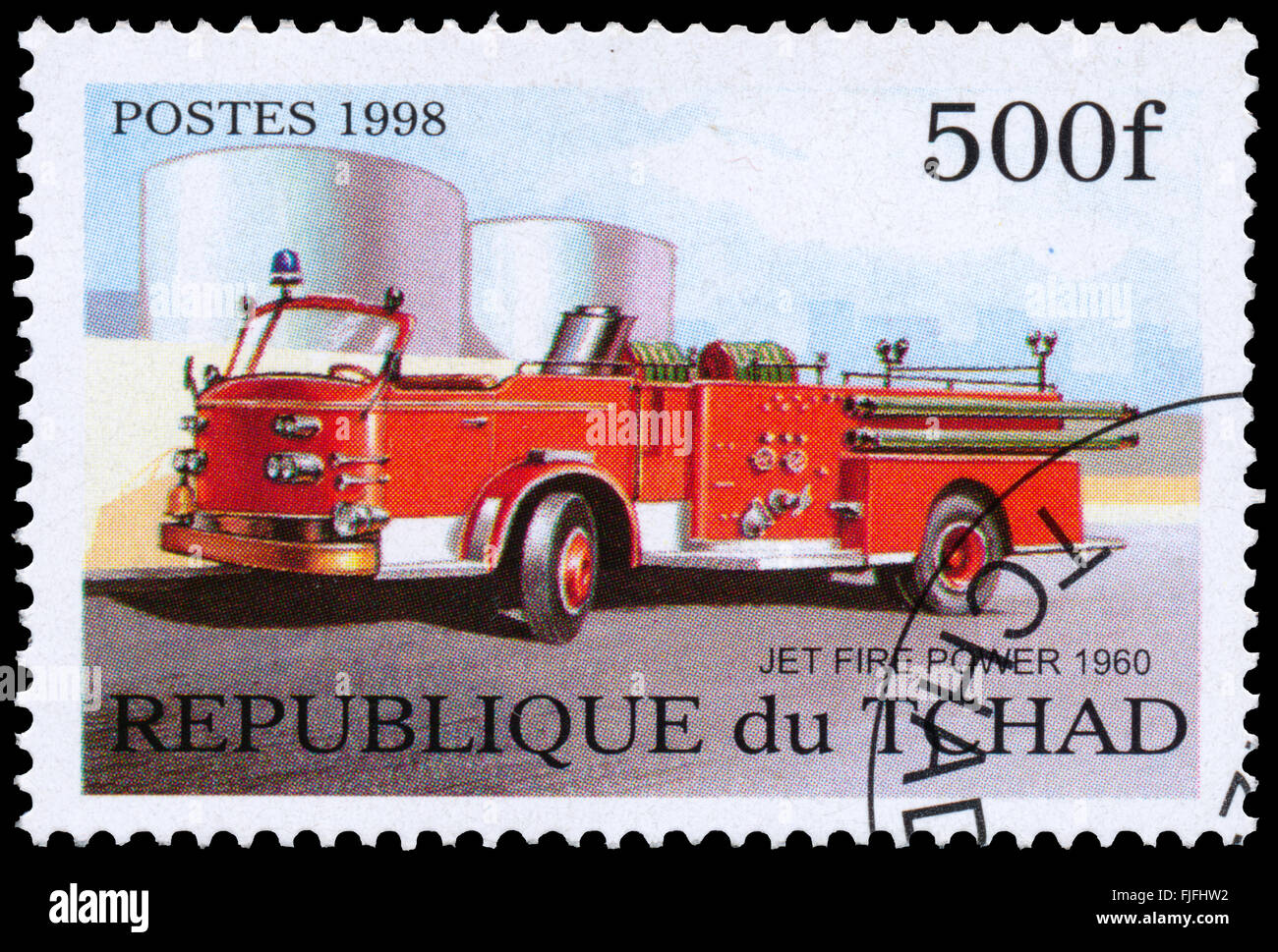 BUDAPEST, HUNGARY - 01 march 2016:  a stamp printed in Chad, shows firetruck, circa 1998 Stock Photo