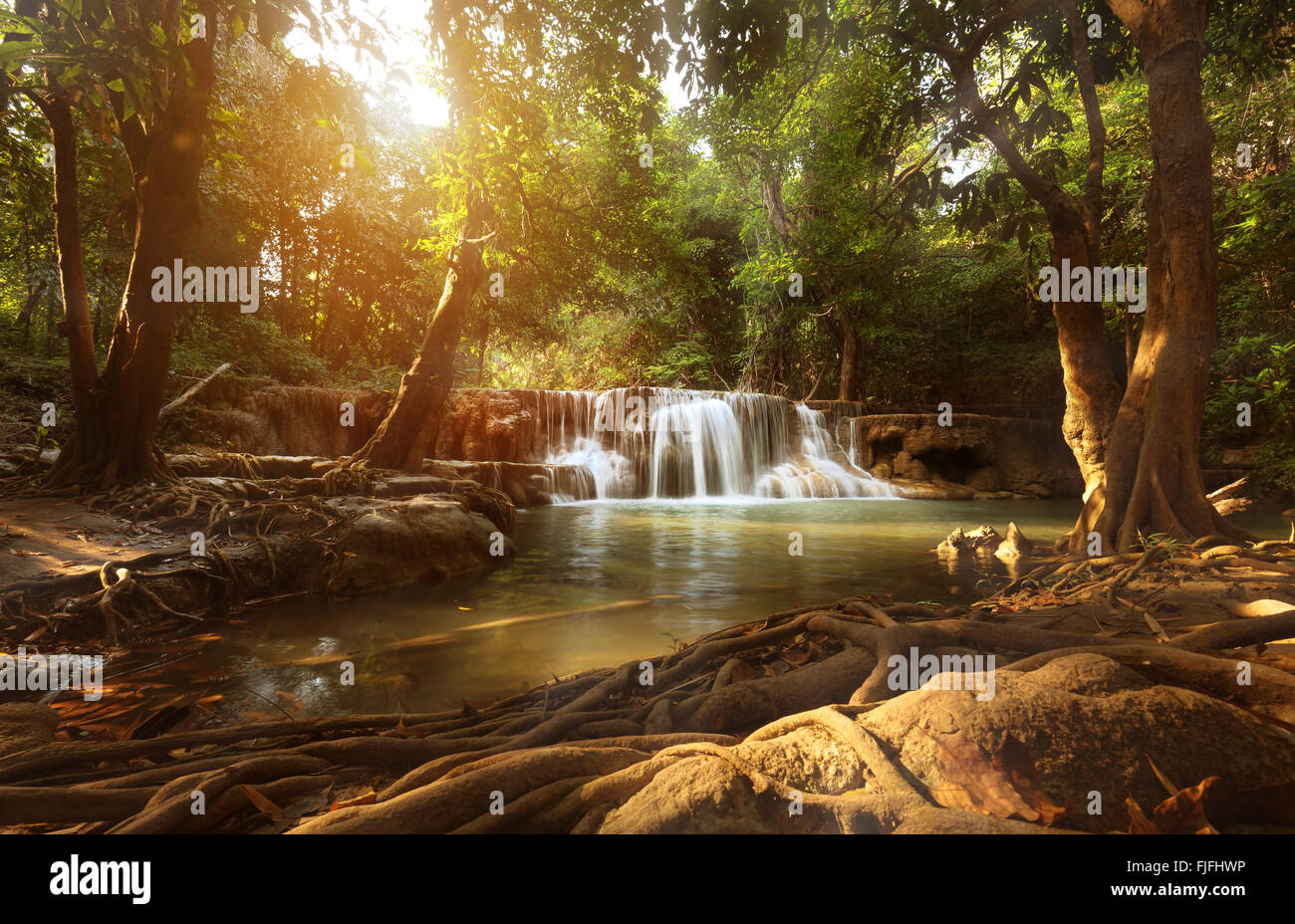 beautiful waterfall in tropical forest Stock Photo