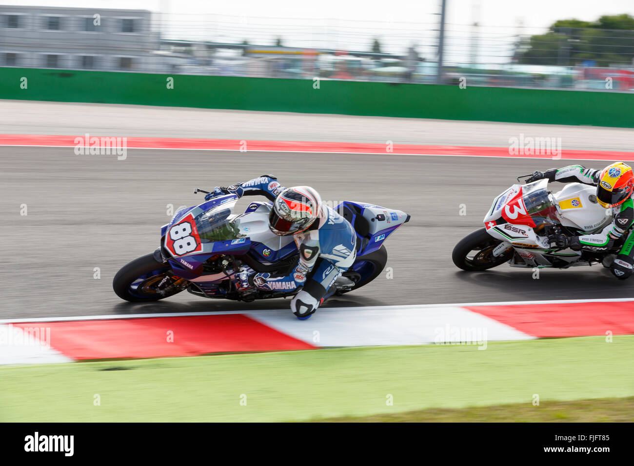 Misano Adriatico, Italy - June 21, 2015: Yamaha YZF R1 of MRS Yamaha Team, driven by COGHLAN Kev in action during the Superstock 1000 Race during the FIM Superstock 1000 - race at Misano World Circuit on June 21, 2015 in Misano Adriatico, Italy. Stock Photo