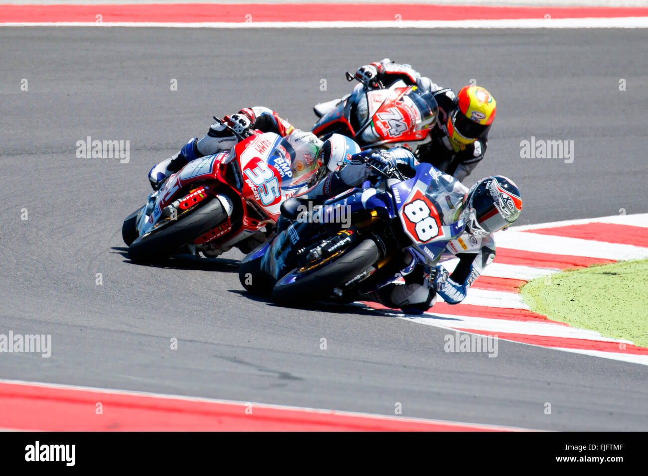 Misano Adriatico, Italy - June 21, 2015: Yamaha YZF R1 of MRS Yamaha Team, driven by COGHLAN Kev in action during the Superstock 1000 Race during the FIM Superstock 1000 - race at Misano World Circuit on June 21, 2015 in Misano Adriatico, Italy. Stock Photo