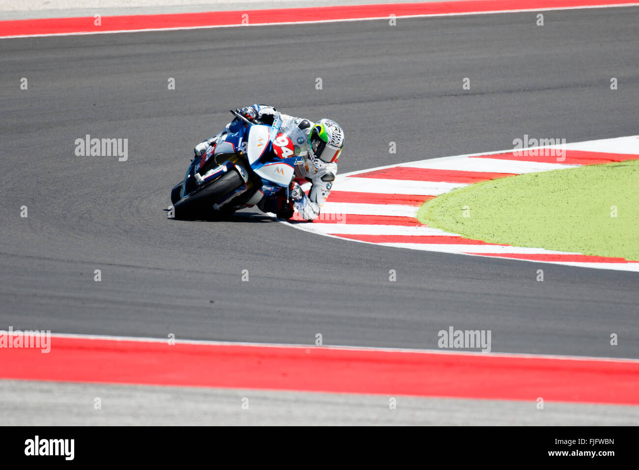 Misano Adriatico, Italy - June 21, 2015: BMW S1000 RR of Team ASPI, driven by LUSSIANA Matthieu in action during the Superstock 1000 Race during the FIM Superstock 1000 - race at Misano World Circuit on June 21, 2015 in Misano Adriatico, Italy. Stock Photo