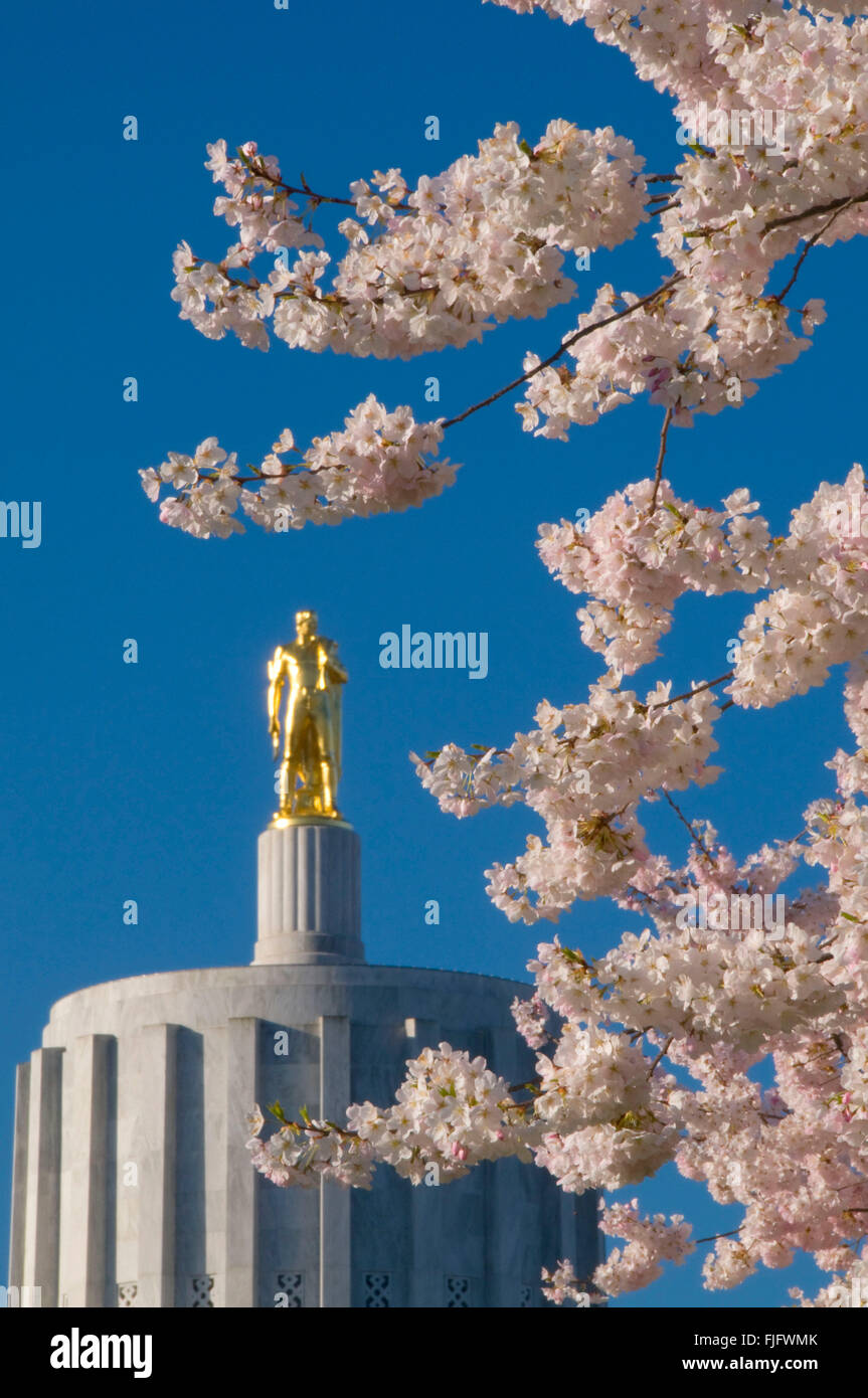Oregon Pioneer statue (Capitol Dome) with cherry blossoms, State Capitol State Park, Salem