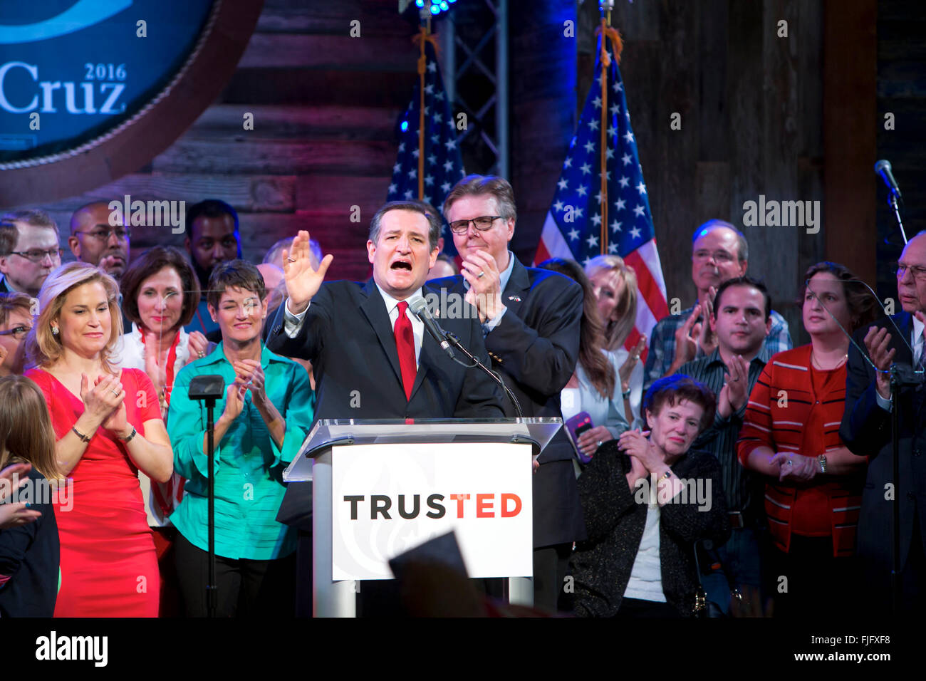 Republican presidential hopeful Ted Cruz addresses crowd while savoring victory in the Texas primary election with supporters Stock Photo