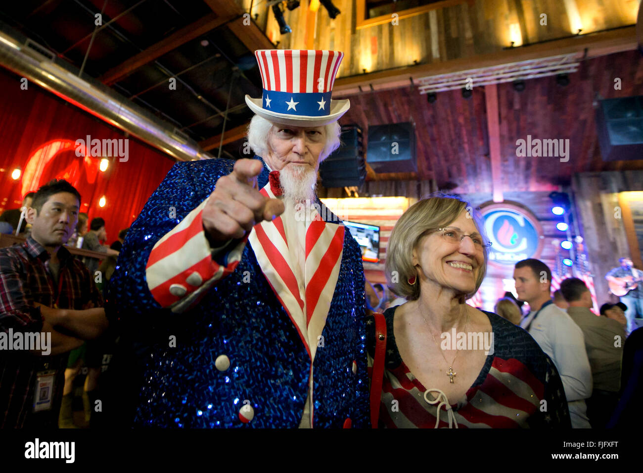 Man dressed as Uncle Sam mingles with supporters at Republican presidential hopeful Ted Cruz's Texas primary victory party Stock Photo