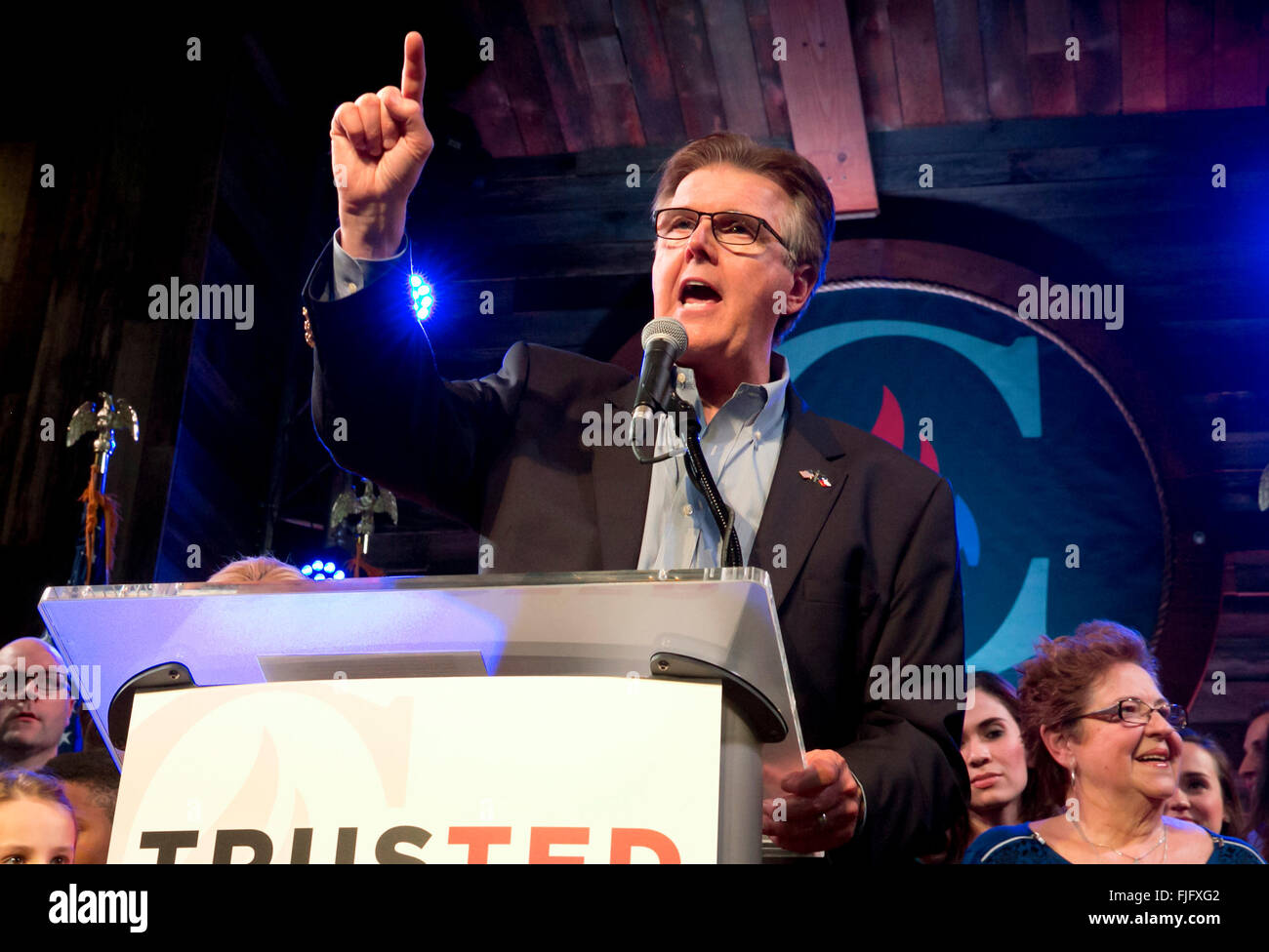 Texas Lt. Governor Dan Patrick cheers as Republican presidential hopeful Ted Cruz savors victory in the Texas primary election Stock Photo