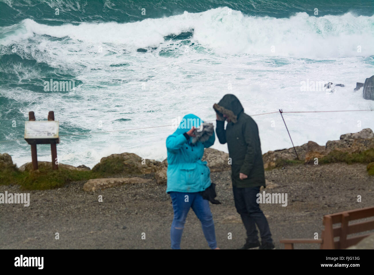 Lands End, Cornwall, UK. 2nd March 2016.  UK Weather. Gale force winds from Storm Jake continue to hit south west Cornwall. Credit:  Simon Maycock/Alamy Live News Stock Photo