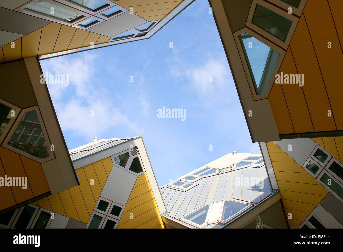 Looking up at 1970s Cube Houses (Kubuswoningen) in Rotterdam, Blaak, The Netherlands, designed by Dutch architect  Piet Blom Stock Photo