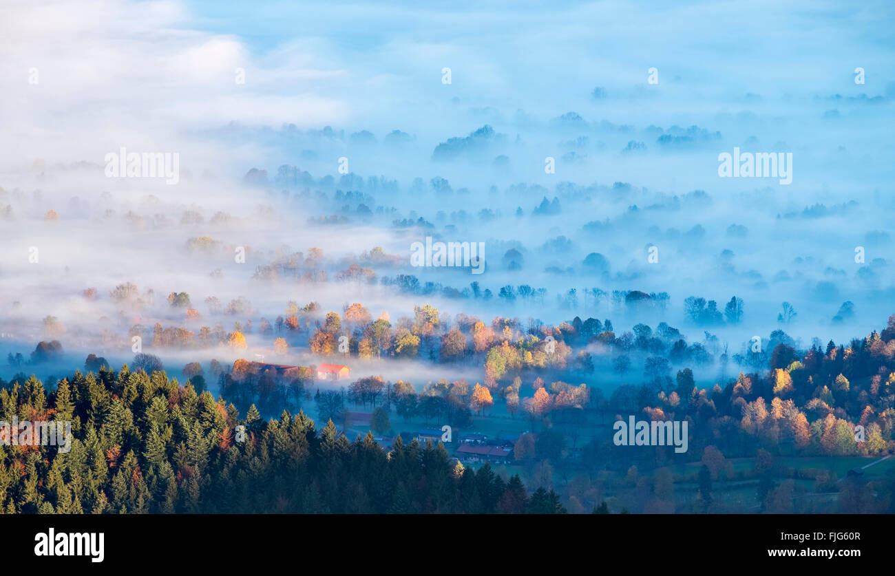 Morning mist in the Isartal, View from Geierstein near Lenggries, Isarwinkel, Upper Bavaria, Bavaria, Germany Stock Photo