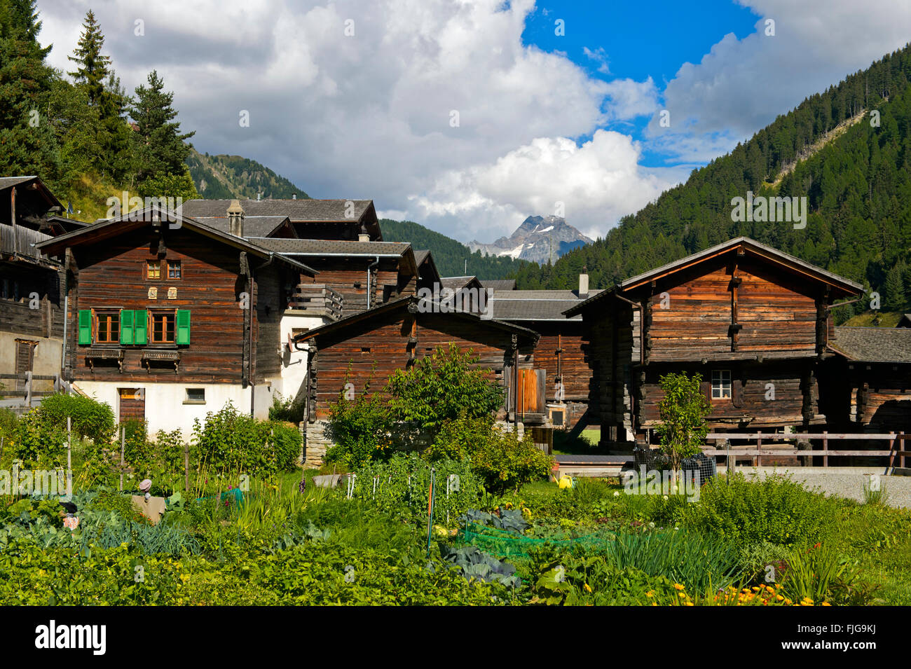 Chalets in Valais, Ofenhorn mountain summit behind, Binn valley, Binn, Canton of Valais, Switzerland Stock Photo