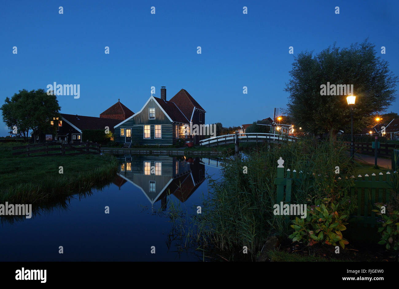 Blue hour in museum village 'Zaanse Schans' in the Netherlands Stock Photo