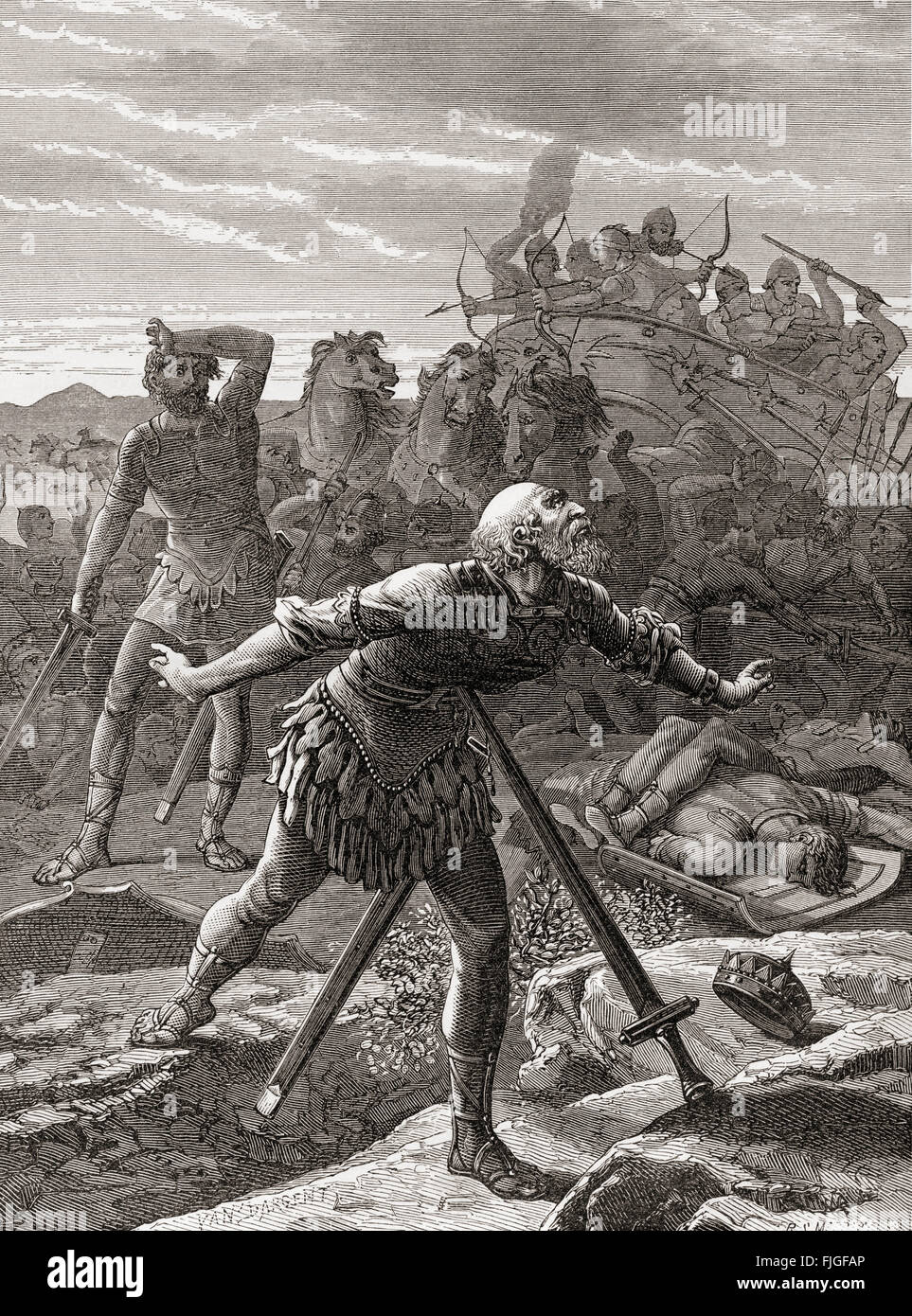 The death of Saul, who fell on his sword to avoid capture at the battle against the Philistines at Mount Gilboa, from The Book of Samuel, Old Testament. Stock Photo