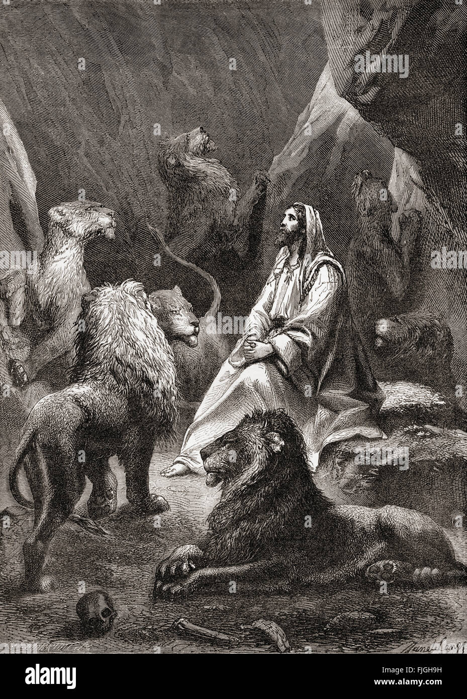 Daniel in the lion's den. From The Book of Daniel, Old Testament. Stock Photo