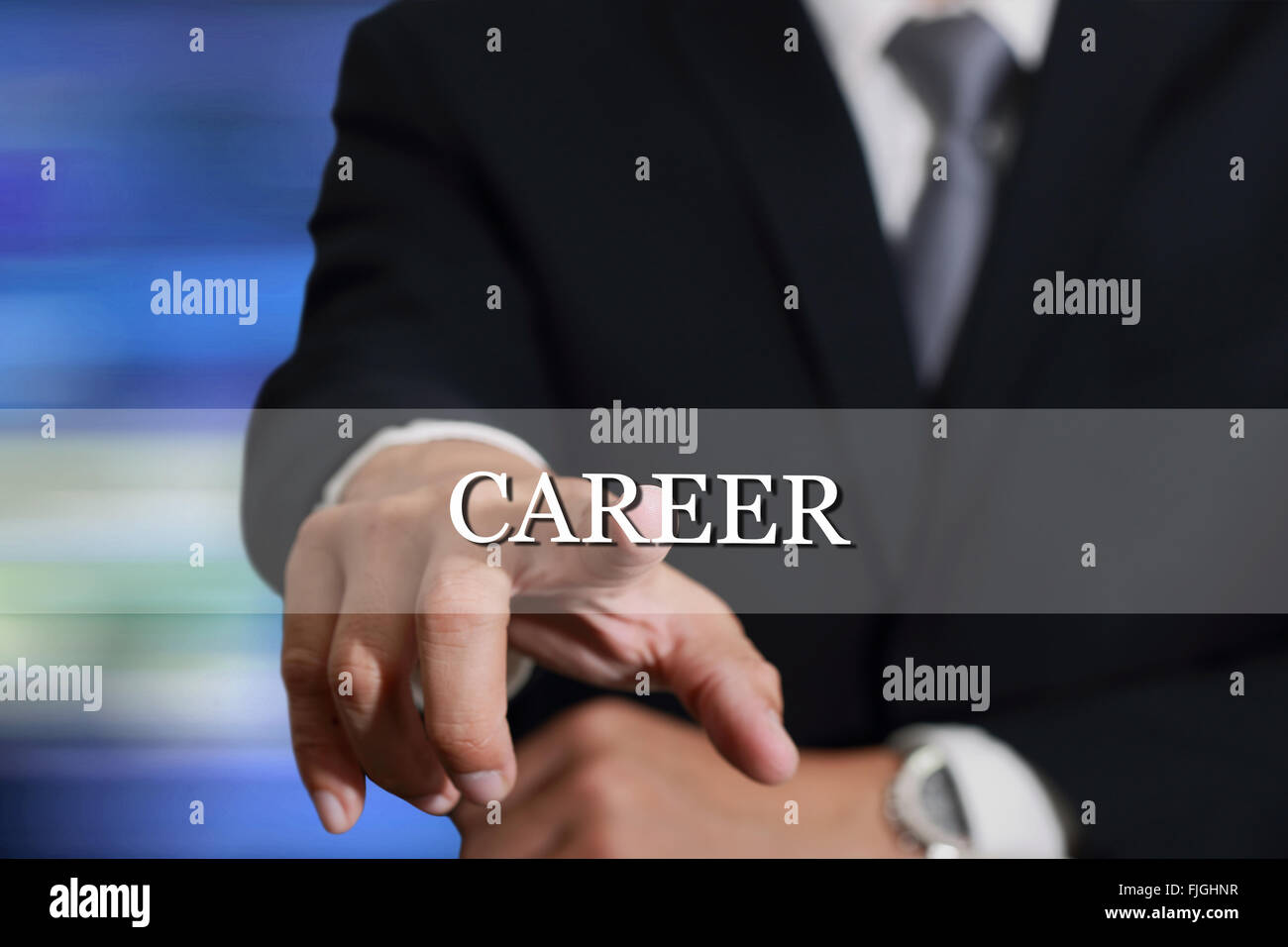 Businessman hands touching CAREER sign on virtual screen as career concept. Stock Photo