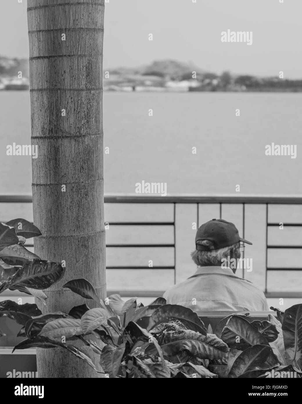Black and white photo of back view of senior man sitting at the boardwalk in Puerto Santa Ana in Guayquil, Ecuador. Stock Photo