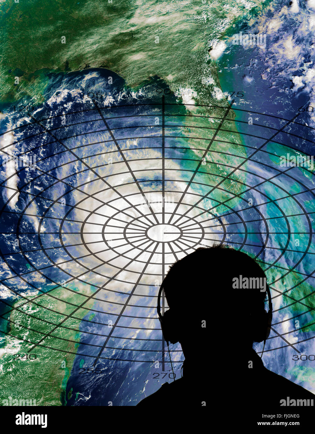 Satellite image Hurricane Katrina computer generated man headset Stock Photo