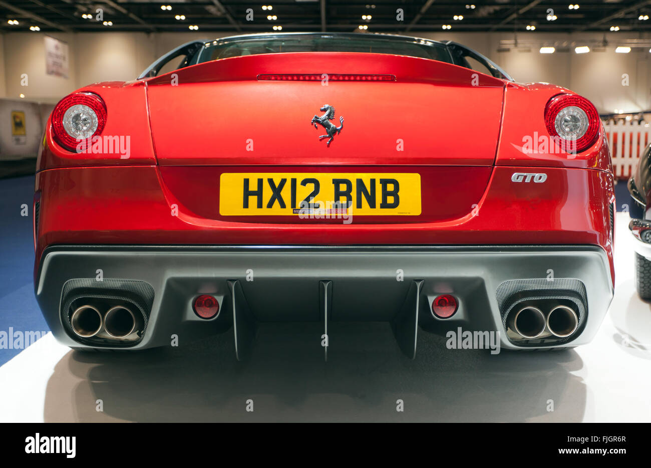 Rear view of a Ferrari 599 GTO, on display at the 2016 London Classic Car Show. Stock Photo