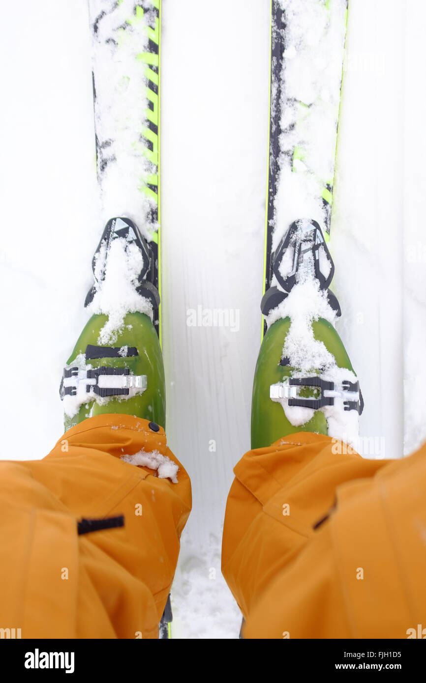 Ski boots and skis in the snow Stock Photo Alamy