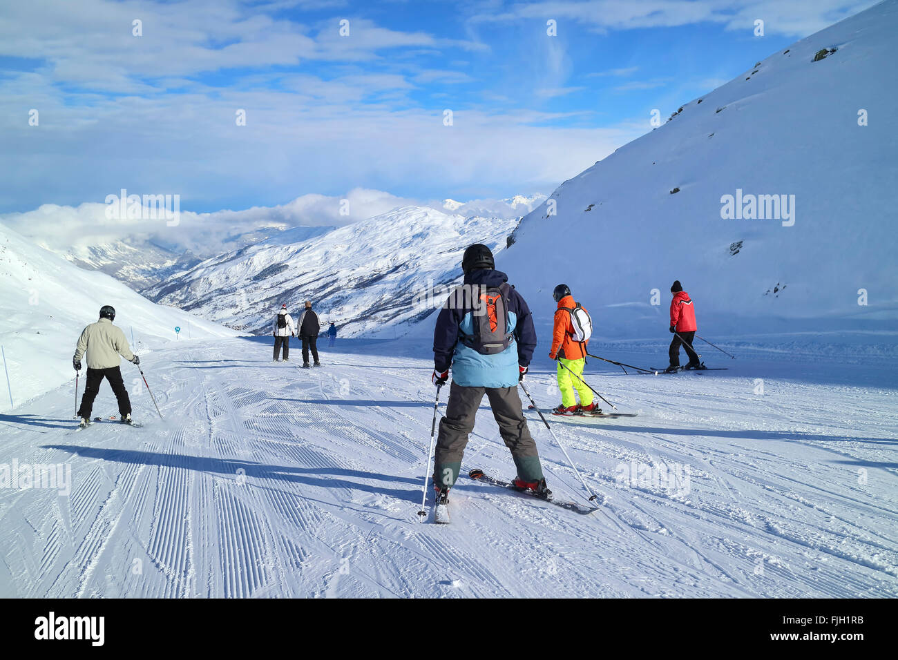 Skiing downhill in French Alps Three valleys ski resort on sunny winter