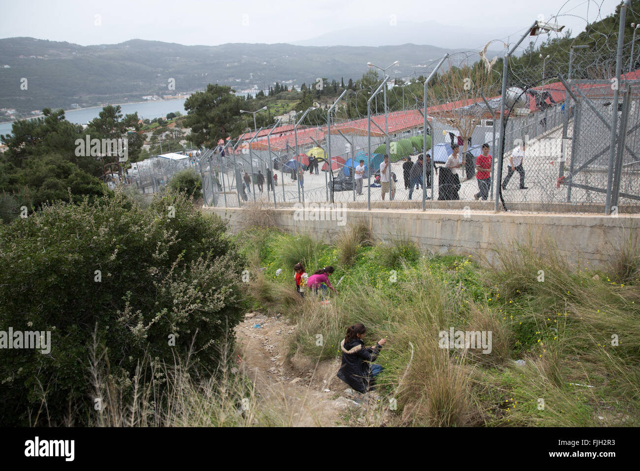 Samos, Greece. 2nd Mar, 2016. Three refugee girls picking flowers at the walls of a refugee reception centre in Vathi on the island of Samos, Greece, 2 March 2016. Around 1000 refugees and migrants are currently being housed in the former prison. PHOTO: CHRISTIAN CHARISIUS/DPA/Alamy Live News Stock Photo