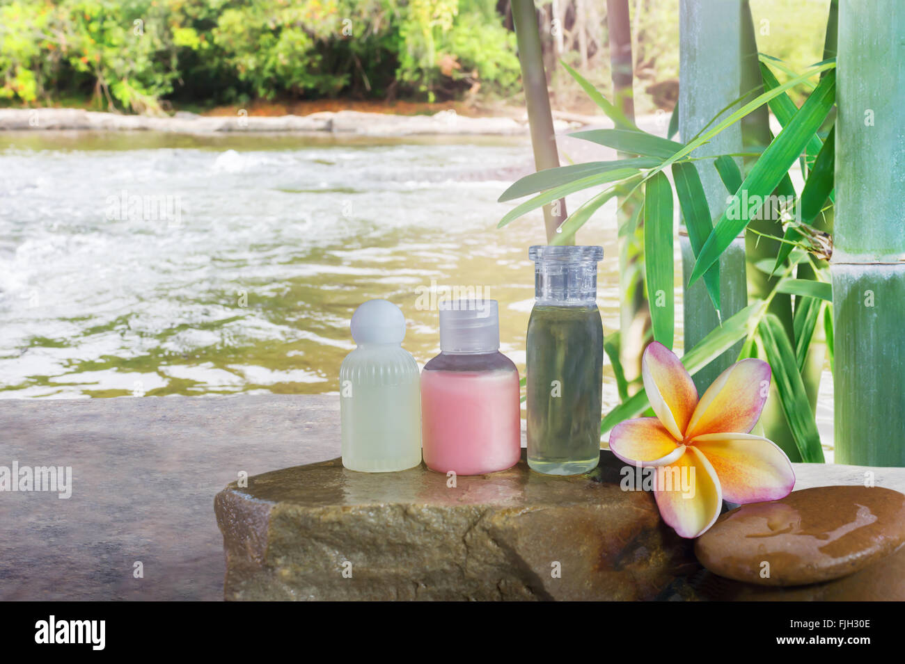 Mini set of bubble bath and shower gel liquid and frangipani flower on pebble rock and green nature relaxing spa  feeling Stock Photo