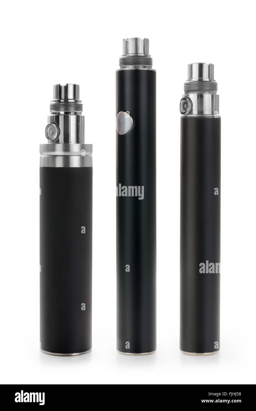 Group of three electronic cigarette li-ion batteries isolated on white with  clipping path Stock Photo