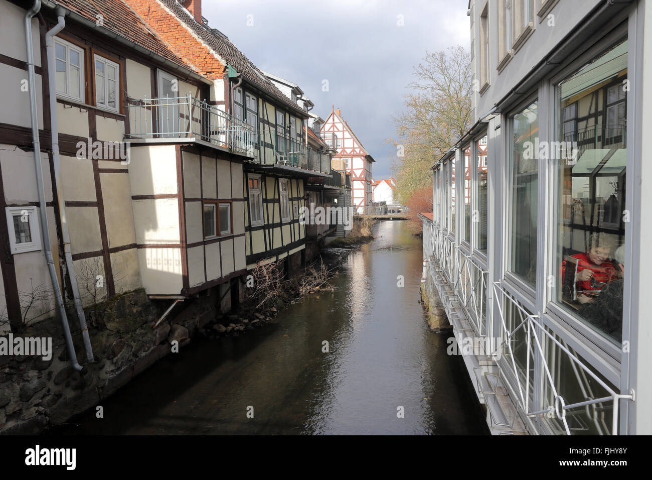 River Jeetze in the old town of Salzwedel, Altmark, Sachsen Anhalt, Germany, Europe Stock Photo