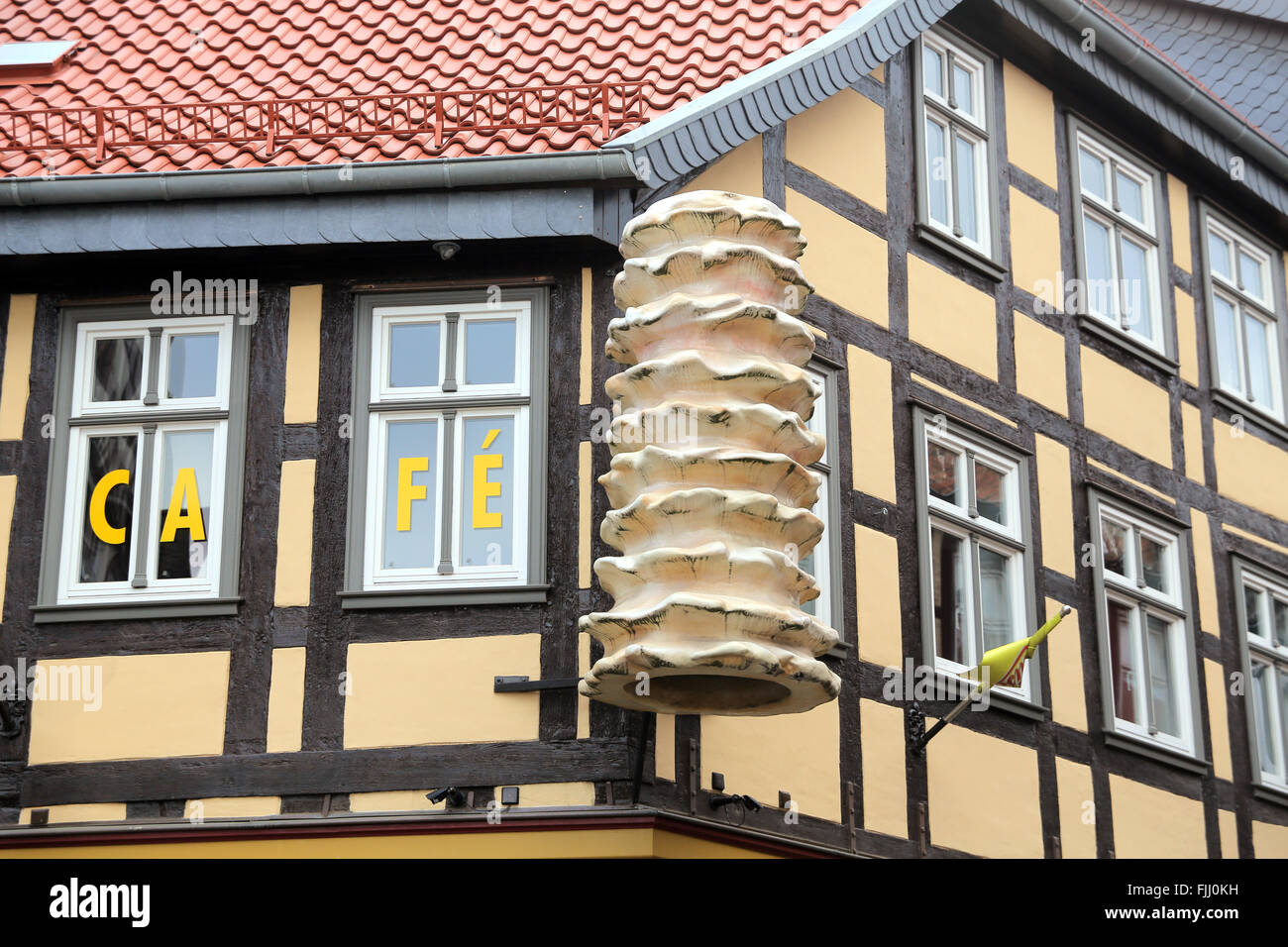 Giant model of a Baumkuchen (tree cake) at Cafe Kruse, manufactury of local specialtity Baumkuchen. Salzwedel, Altmark, Sachsen Anhalt, Germany, Europe Stock Photo