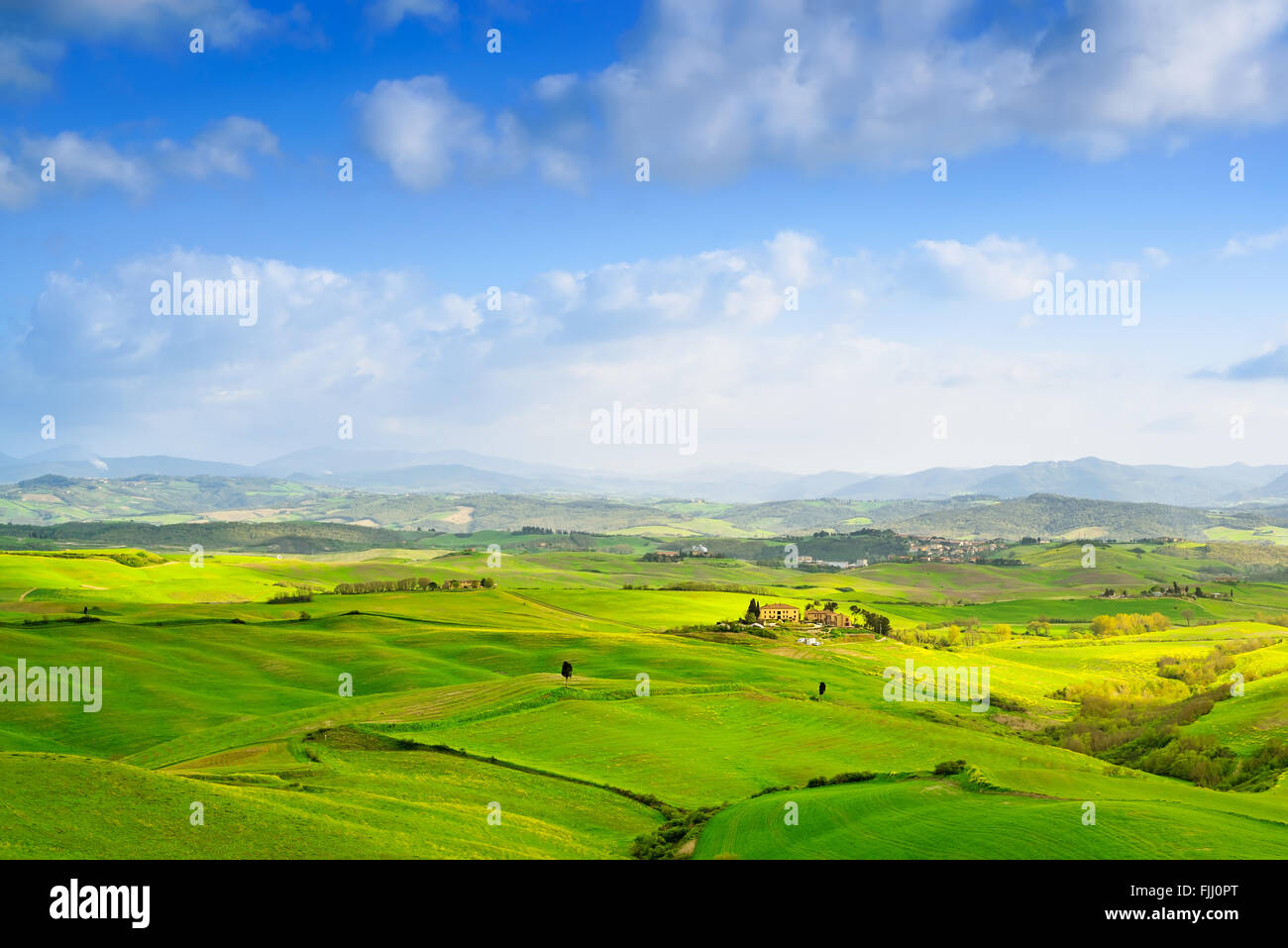 Tuscany, rural landscape of Tuscany with yellow and green field. Rolling hills near Volterra, Italy. Europe. Stock Photo