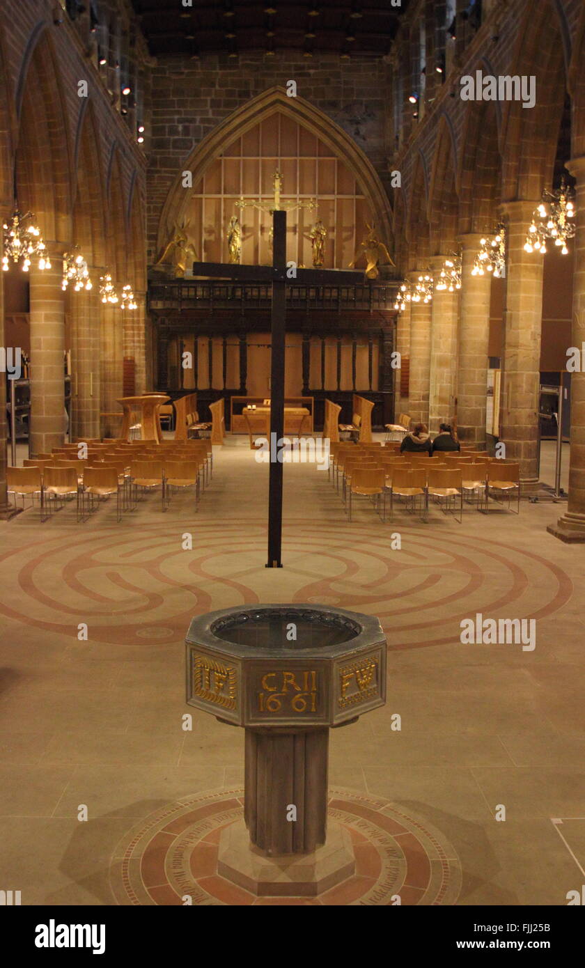 Inside Wakefield Cathedral looking to the labyrinth and alter, Wakefield, West Yorkshire England UK Stock Photo