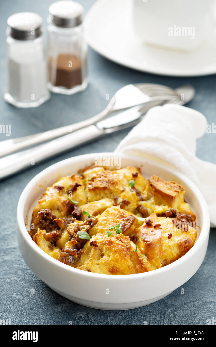 Breakfast strata with cheese and sausage Stock Photo