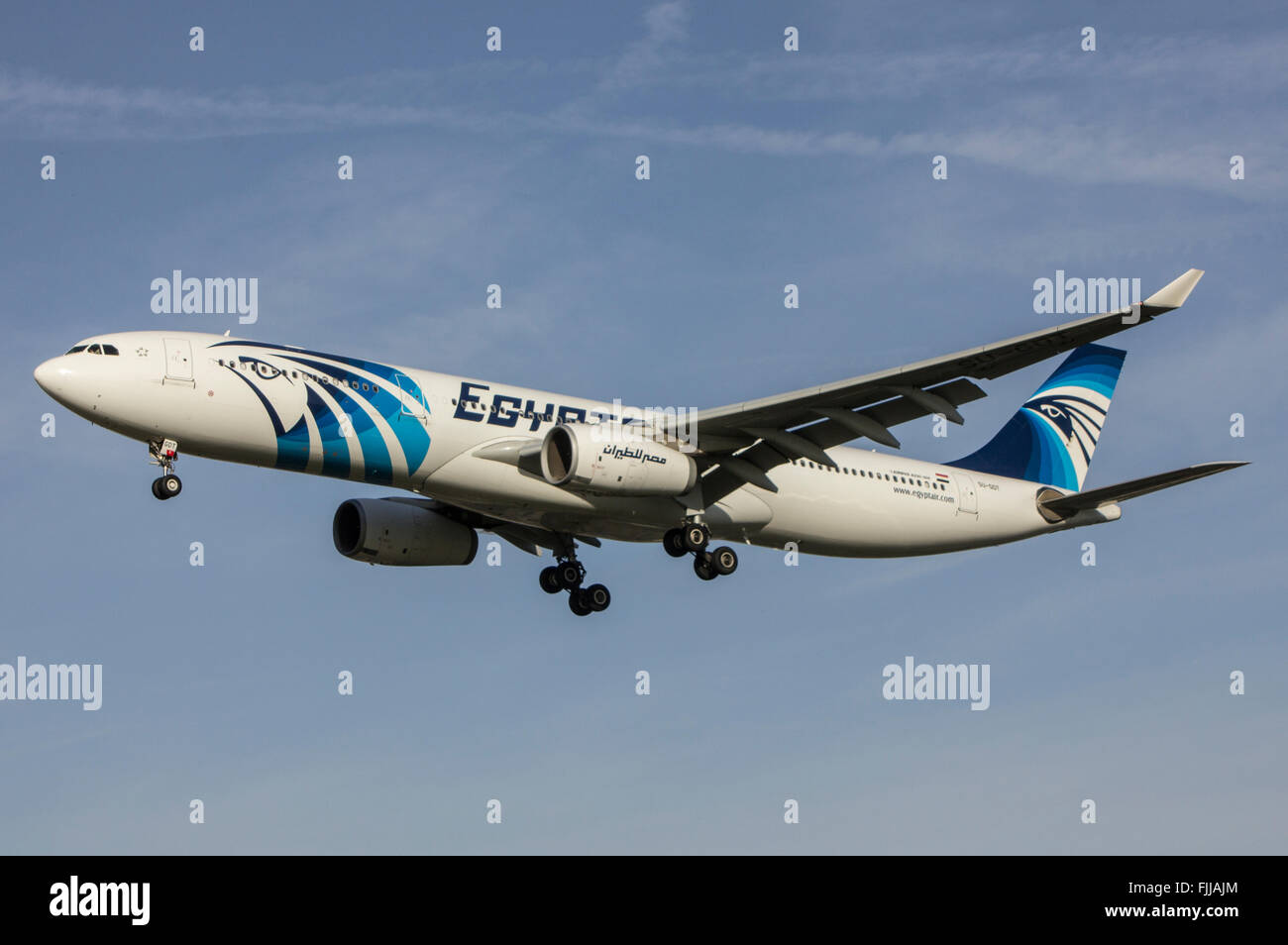 A330 Egyptair Airlines landing at LHR London Heathrow Airport Stock Photo