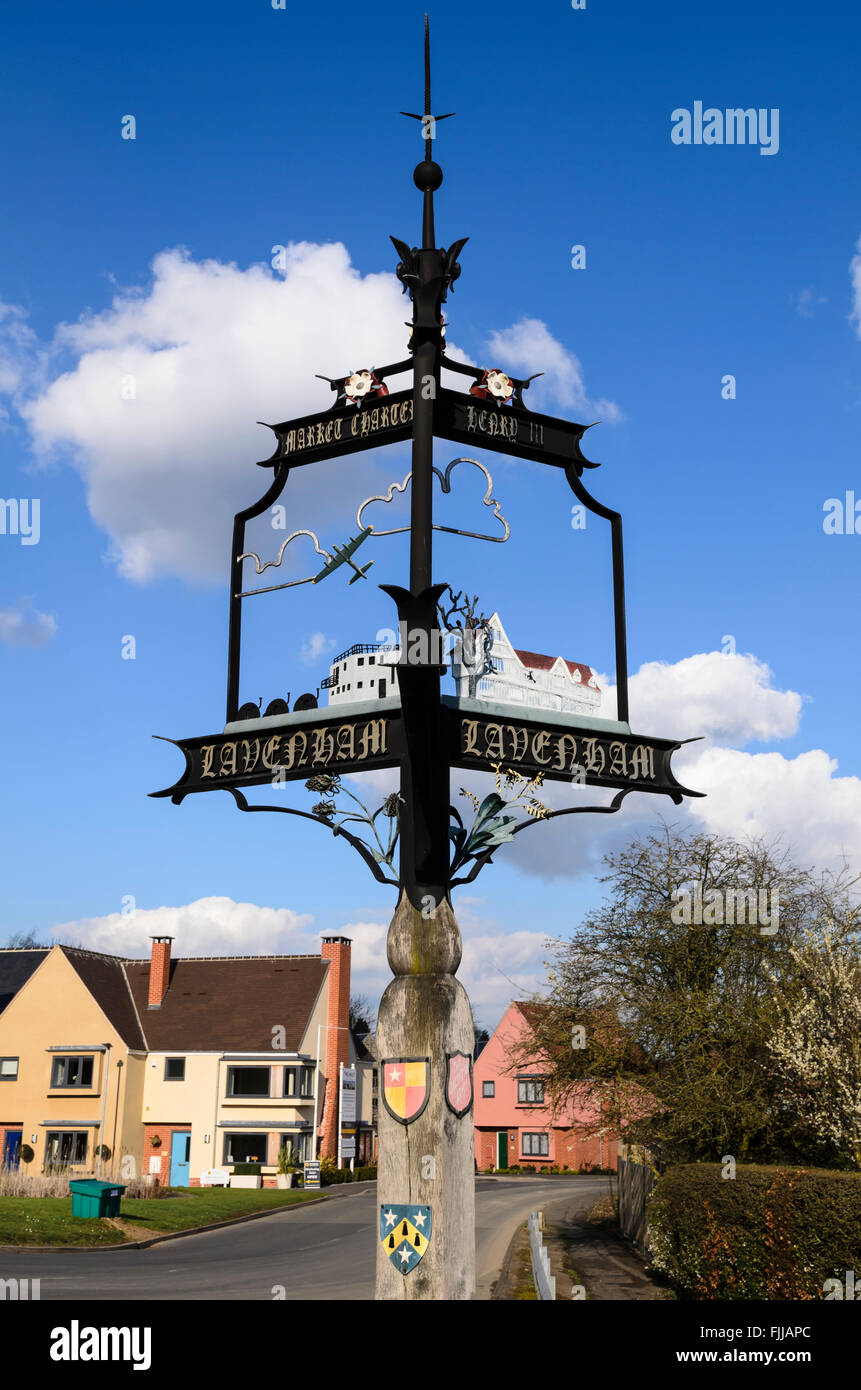 The village sign of Lavenham, Suffolk, England, UK. Stock Photo