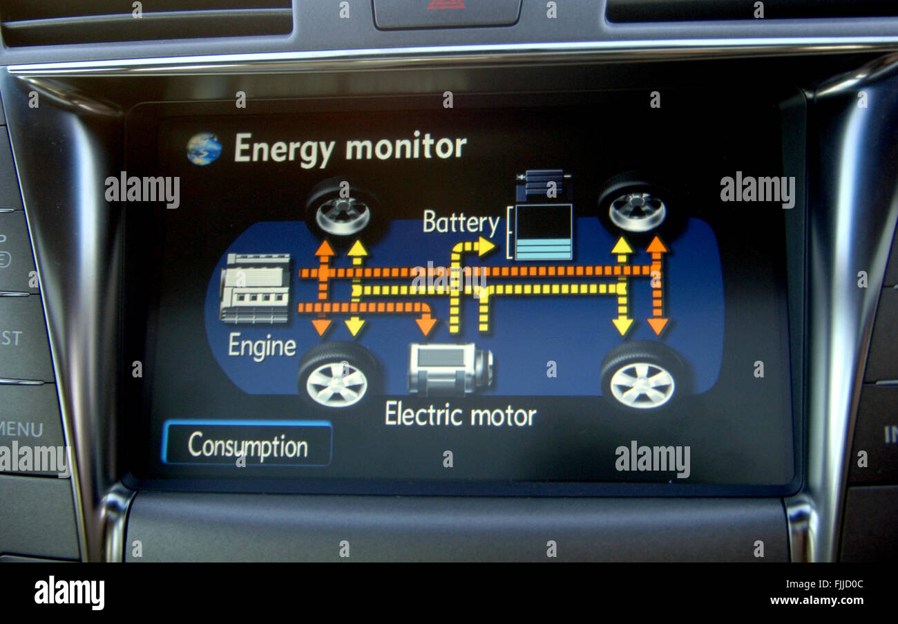 Hybrid car dashboard screen showing an energy monitor of engine and battery use Stock Photo