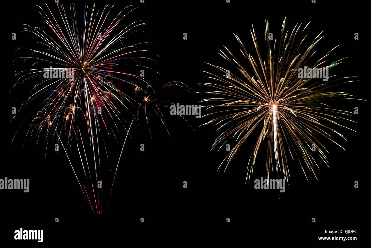 A variety of colorful fireworks isolated on black background Stock Photo