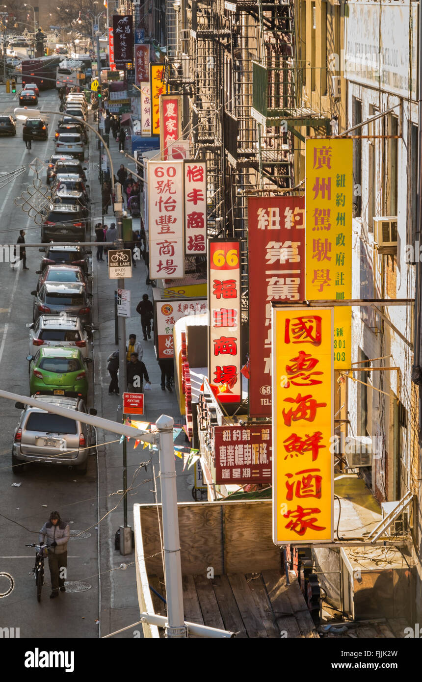 View from above of a typical street in Chinatown, New York City, with