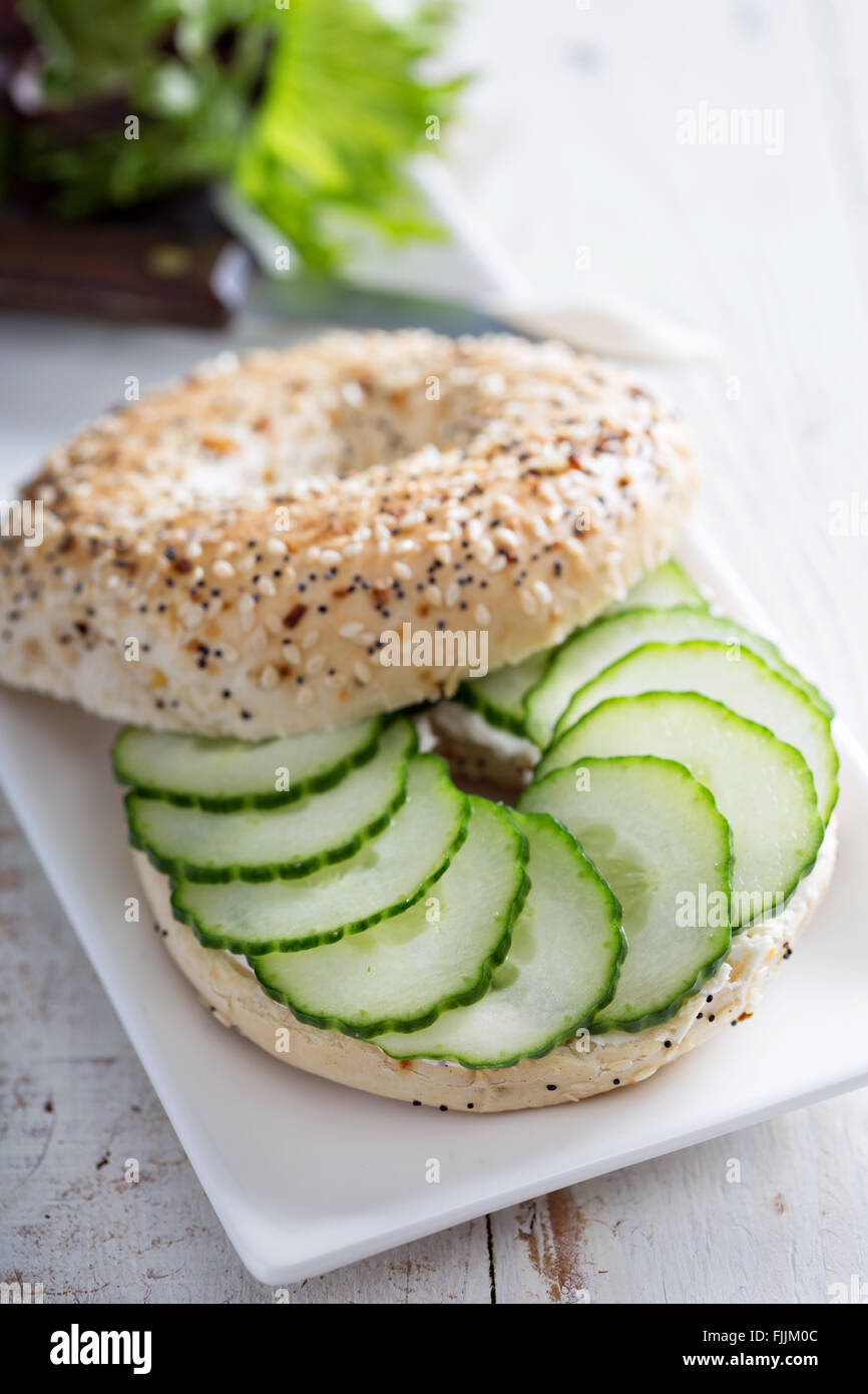 Everything bagels with cream cheese and cucumber Stock Photo Alamy