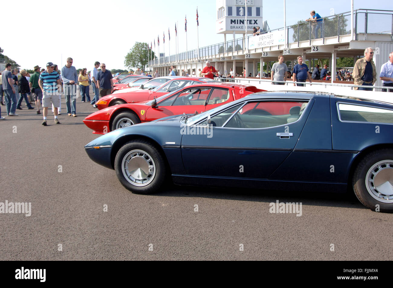 Classic super cars at a Goodwood Breakfast club meet Maserati and Ferrari Stock Photo