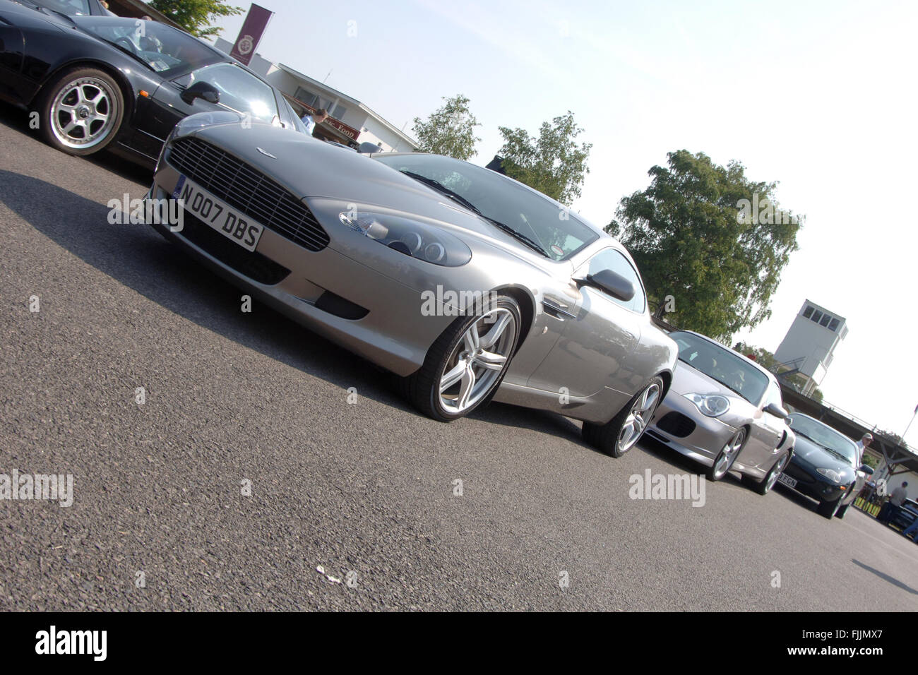 Classic super cars at a Goodwood Breakfast club meet, Aston Martin DBS Stock Photo