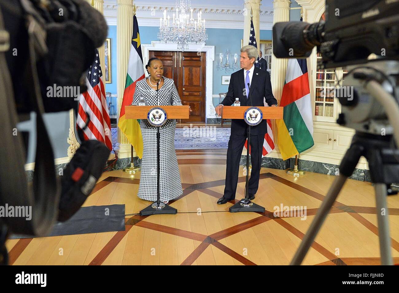 U.S Secretary of State John Kerry with Central African Republic Transitional President Catherine Samba-Panza during a joint press conference at the Department of State March 2, 2016 in Washington, D.C. Stock Photo