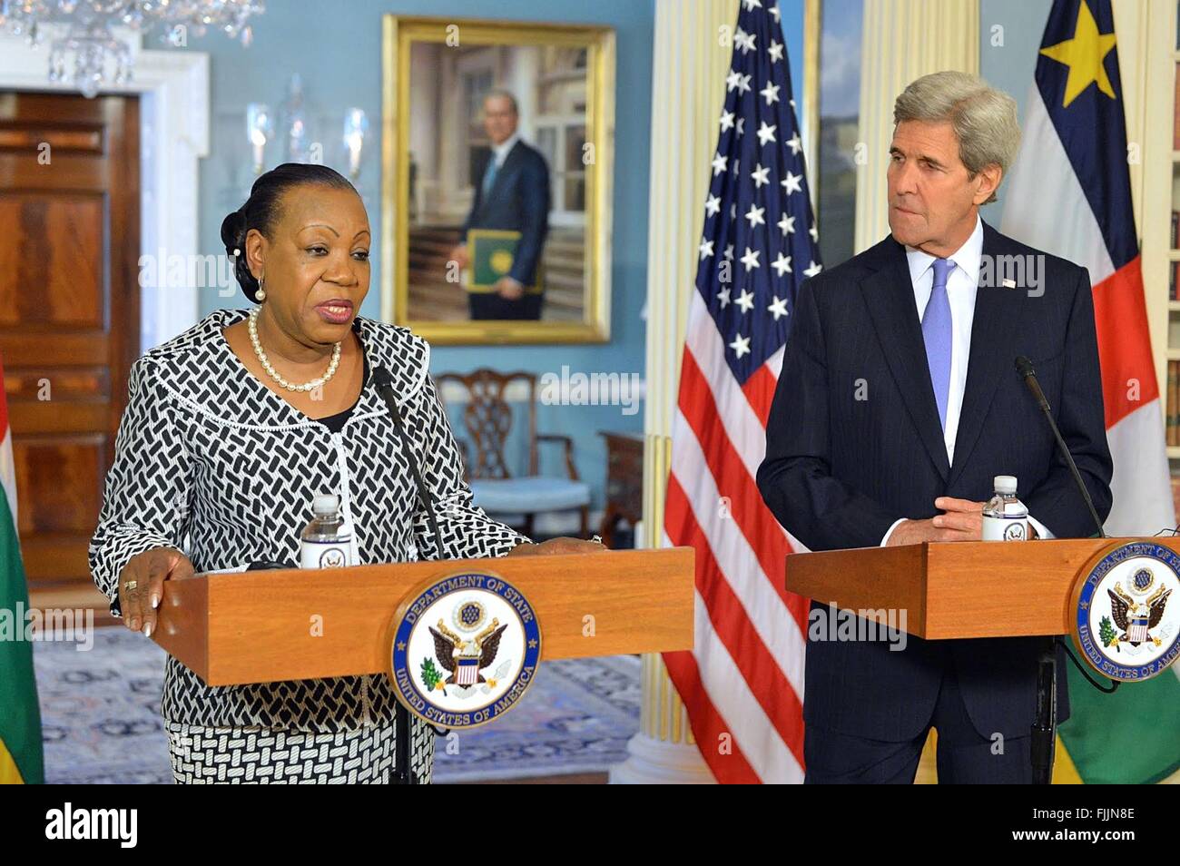 U.S Secretary of State John Kerry with Central African Republic Transitional President Catherine Samba-Panza during a joint press conference at the Department of State March 2, 2016 in Washington, D.C. Stock Photo